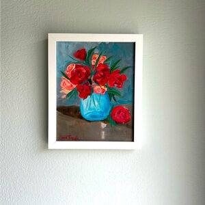 SOLD ELSEWHERE oil painting ROSES red and pink bouquet blue vase original floral